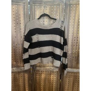 No Comment NY LA Distressed Stripe Sweater Women's Small Punk Grunge